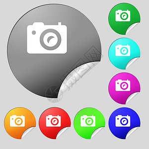 数字摄影相机图标符号 8个多色圆环扣和贴纸镜片徽章标签照片气泡摄影师创造力质量闪光插图图片