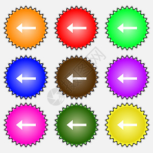 向左箭头 退出图标符号 一组九种不同颜色的标签按钮令牌徽章海豹邮票质量创造力插图出口图片