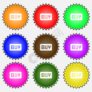 买下 在线购买美元使用图标符号 一组九种不同的彩色标签图片