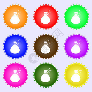 水图标符号的塑料喷雾 由九种不同的彩色标签组成背景图片