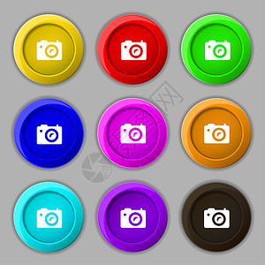 数字摄影相机图标符号 9圆彩色按钮上的符号插图镜片质量摄影师照片标签气泡闪光创造力图片