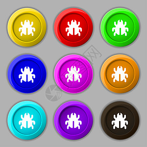 軟體臭虫 病毒 消毒 甲虫图标符号 9圆彩色按钮上的符号插图漏洞邮票昆虫艺术熏蒸创造力徽章螨虫令牌图片
