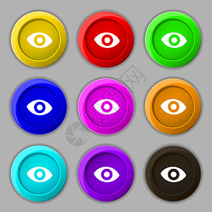 第六感 眼睛图标符号 9圆色按钮上的符号手表器官邮票手指镜片身体创造力徽章耳朵标签图片