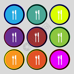 食用符号图标 餐具符号 叉和刀 设置彩色按钮创造力海豹桌子徽章食物插图标签艺术礼仪厨房图片