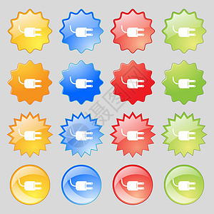 电子插头符号图标 电能符号 16个彩色现代按钮组成的大组合 用于设计图片