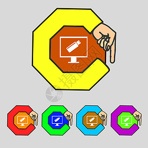 usb 闪存驱动器和监视器符号图标 视频游戏符号 设置彩色按钮闪光控制器竞赛社会徽章邮票创造力插图标签圆圈图片