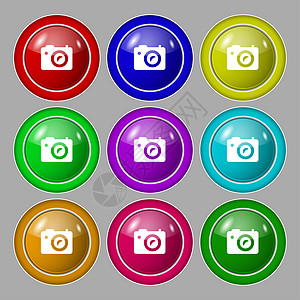 数字摄影相机图标符号 9圆彩色按钮上的符号创造力标签照片插图质量镜片闪光摄影师气泡图片