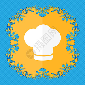 厨师帽签名图标 烹饪符号 厨师帽 蓝色抽象背景上的花卉平面设计 并为您的文本放置了位置图片
