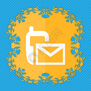 邮件图标 信封符号 消息短信标志 蓝色抽象背景上的花卉平面设计 并为您的文本放置了位置图片