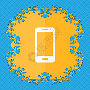 智能手机签名图标 支持符号 呼叫中心 蓝色抽象背景上的花卉平面设计 并为您的文本放置了位置按钮咨询服务质量框架邮票圆圈边界创造力图片