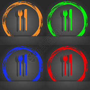 吃签名图标 餐具符号 叉子和刀子 时尚的现代风格 在橙色 绿色 蓝色 红色设计中图片
