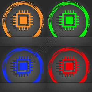 中央处理单元图标 技术方案圆圈符号 时尚的现代风格 在橙色 绿色 蓝色 红色设计中图片