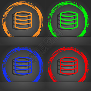 硬盘和数据库图标符号 时尚现代风格 橙色 绿色 蓝色 绿色设计技术托管白色硬件记忆备份光盘圆柱服务商业图片