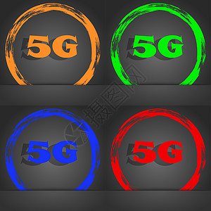 5G 标志图标 移动通信技术符号 时尚的现代风格 在橙色 绿色 蓝色 红色设计中按钮边界邮票令牌数据互联网质量技术标准插图图片