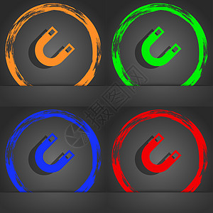 磁铁 马蹄形图标符号 时尚的现代风格 在橙色 绿色 蓝色 绿色设计图片