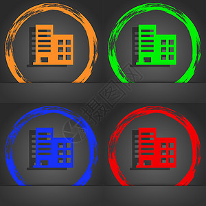 高层商业建筑和住宅公寓图标符号 时尚的现代风格 在橙色 绿色 蓝色 绿色设计图片