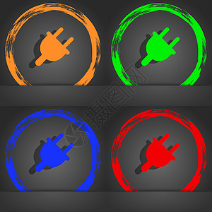 电插头 电力能源图标符号 时尚的现代风格 在橙色 绿色 蓝色 绿色设计艺术出口金属活力电缆创造力力量海豹插图适配器图片