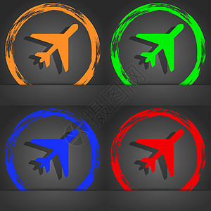 飞机图标符号 时尚的现代风格 在橙色 绿色 蓝色 绿色设计飞行员公共汽车商业航班旅行乘客管家螺旋桨航空横幅图片