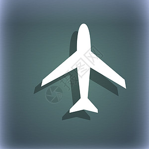 飞机标志 平面符号 旅行图标 飞行平面标签 在与阴影和空间的蓝绿色抽象背景为您的文本图片