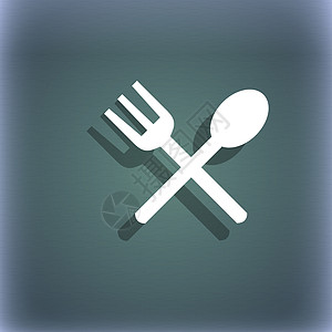 叉子和勺子交叉 餐具 吃图标标志 在与阴影和空间的蓝绿色抽象背景为您的文本灰色刀具质量礼仪插图黑色导航按钮徽章厨房图片