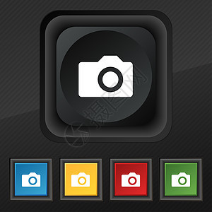 数字相片相机图标符号 在黑色纹理上设置五条色彩丰富 时髦的按钮 用于设计设计闪光创造力摄影质量相机徽章镜片插图摄影师气泡图片
