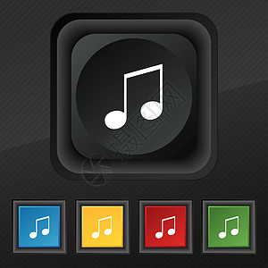 吉他图标音符 音乐 铃声图标符号 为您的设计设置黑色纹理上的五个色彩缤纷 时尚的按钮插图收音机歌曲打碟机娱乐乐器音乐播放器立体声光盘蒸汽背景