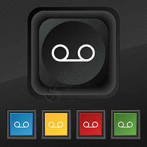 音频磁带图标符号 在黑色纹理上设置五个彩色 时髦的按钮 用于设计您的设计立体声岩石音乐盒子玩家团体控制板数据记录旋律图片