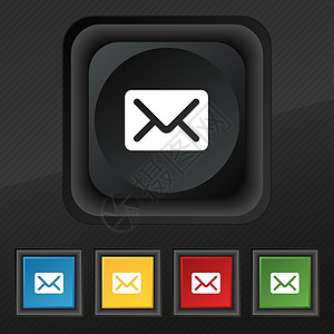 邮件 信封 字母图标符号 在黑色纹理上为您设计5个彩色 时髦的按钮办公室文档邮箱卡片邀请函空气邮政邮票明信片商业图片