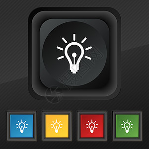 灯泡图标符号 在黑色纹理上为您设计5个彩色 时髦的按钮荧光力量收藏技术风暴电气生态涂鸦头脑电子产品图片