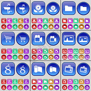 点击 花 文件夹 购物车 胶片相机 图片 八 纸巾 联系人 一大套多色按钮背景图片