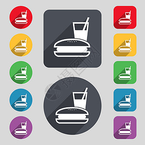 午餐框图标符号 一组由12个彩色按钮和长阴影组成 设计平坦图片