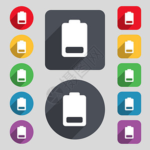 电池低 电动图标符号 一组由12个彩色按钮和长阴影组成 设计平坦图片
