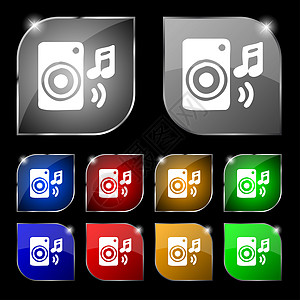 音乐专栏 迪斯科 音乐 旋律 扬声器图标 一组有色调的10个多彩按钮图片