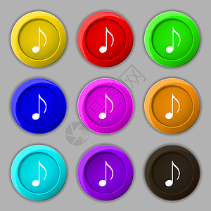 音符 音乐 铃声图标符号 九个圆形彩色按钮上的符号信号光盘歌曲软件电脑旋律手机列表网络插图图片