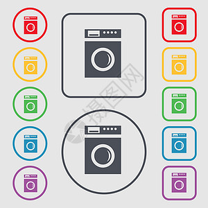 洗衣机图标符号 圆形和带框的平方按钮上的符号图片