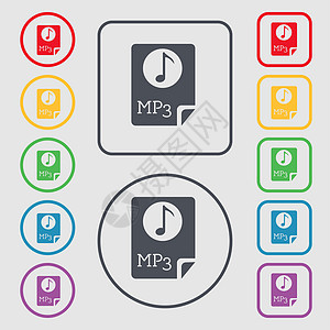 音频 MP3 文件图标符号 圆形上的符号和带框架的平方按钮黑色格式用户电子互联网网络表格界面文档下载图片