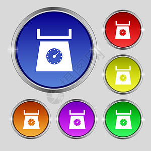 厨房天平图标符号 亮彩色按钮上的圆形符号图片