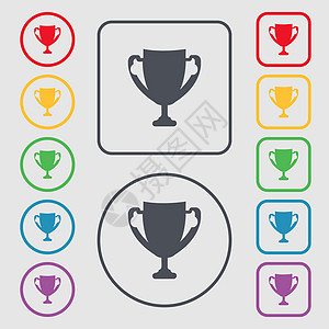 优胜者杯标志图标 授予获奖者符号 杯 带有框架的圆形和方形按钮上的符号图片