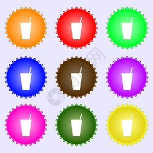 鸡尾酒图标符号 一组九种不同颜色的标签苏打薄荷饮料庆典命令餐厅酒吧冰块瓶子热带图片