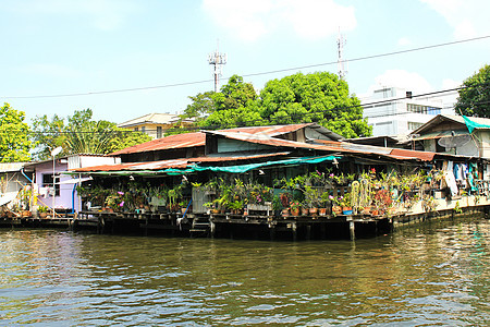 泰国运河沿线的木林房屋旅游漂浮游客旅行热带文化房子城市市场食物图片