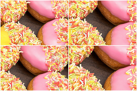 各种新鲜烤甜甜甜甜圈育肥甜点商品控制板磨砂款待早餐面团冰镇食物图片