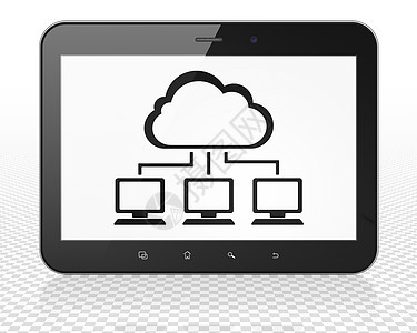 Cloud 技术概念 显示有云网的平板电脑高科技服务器正方形解决方案软垫数据屏幕监视器计算局域网图片