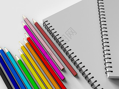 白背景上带彩色铅笔的笔记本活页大学笔记紫色商业绘画蓝色教育乐器调色板图片