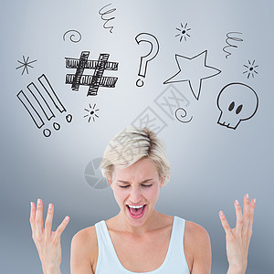 愤怒的金发女郎用双手高喊金发女性涂鸦插图绘画灰色女士计算机数字手势图片