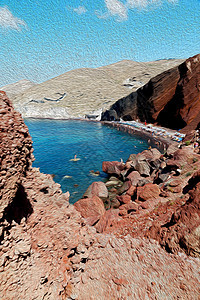 海洋红沙滩 位于圣塔里尼格勒岩石假期旅游爬坡全景旅行海滩蓝色太阳季节图片
