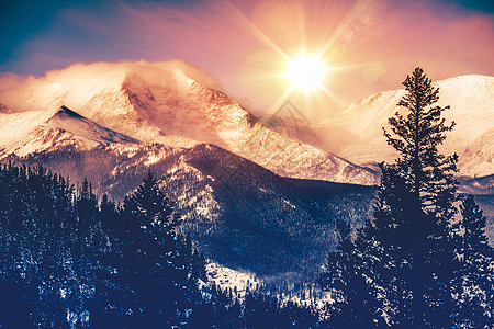 科罗拉多山区太阳光土地日落状况林业首脑水平滑雪地质学森林图片