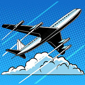 云层背景的客机反向回落旅游流行音乐飞机场明信片框架飞行商业漫画插图运输图片