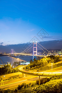 香港大桥 是香港美丽的清马大桥蓝色街道海洋运动场景青马天空旅行曲线车辆图片