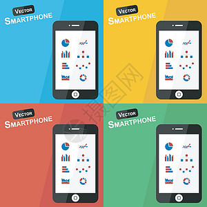 不同背景下带有统计图标的智能手机 平面设计 统计图标 饼图 条形图 折线图 象形图 流程图 统计图 点图图片