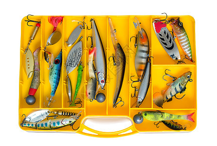 渔具 集装箱里有一套勺子黄色头发诱饵漂浮金属鱼形运动爱好海洋白色图片